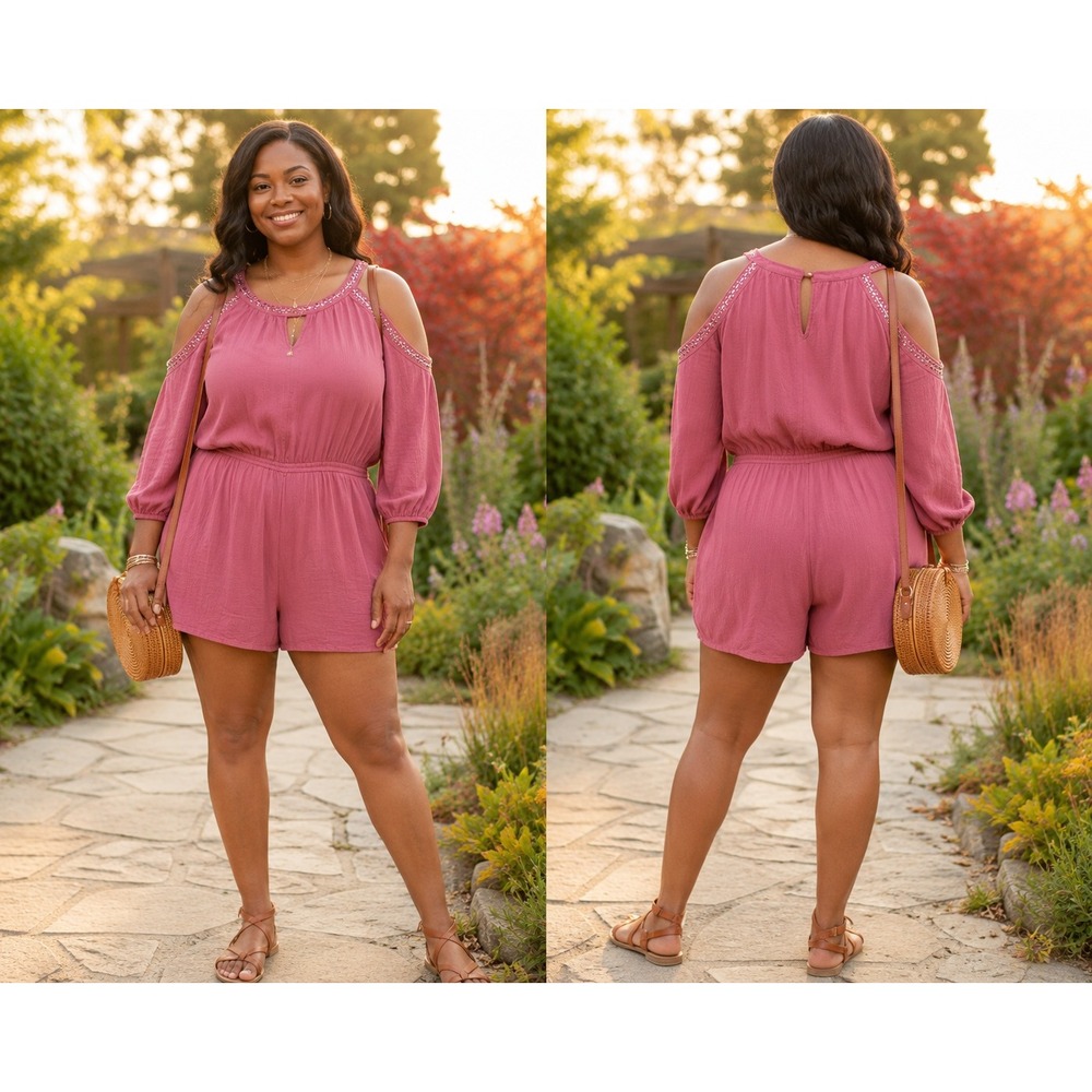 Boho Cottagecore Western Cold Shoulder Pink romper Womens Large Knox Rose